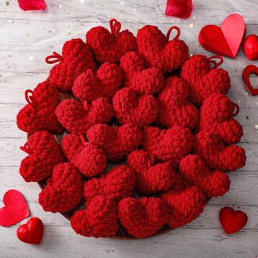 Imagem de Amyhill 12 peças de enfeite de Natal de coração de crochê, 7,5 cm, enfeites de dia dos namorados, vermelho, feito à mão, tricotado para vaso de coração, decoração de dia dos namorados, para casa