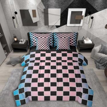 Imagem de Erosebridal Jogo de cama de solteiro geométrico, xadrez, 7 peças, azul, rosa, ombré, com lençóis, xadrez estético, para crianças e adultos, jogo de cama quadriculado preto gradiente