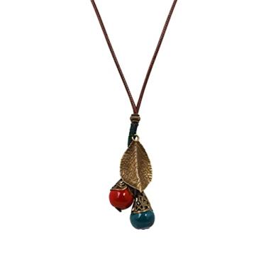 Imagem de MINACHI Colar longo de contas de cerâmica coloridas Lariat de folha, boho hippie joias vintage presentes para mulheres, Zinco, Sem Pedra Preciosa