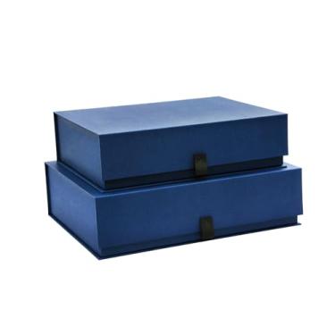 Imagem de MIZFRUZZY Caixa de armazenamento decorativa de 2 peças de papel azul premium texturizada com aba de couro, conjunto de caixa de lembrança de papel de papelão, caixa de armazenamento maganética para