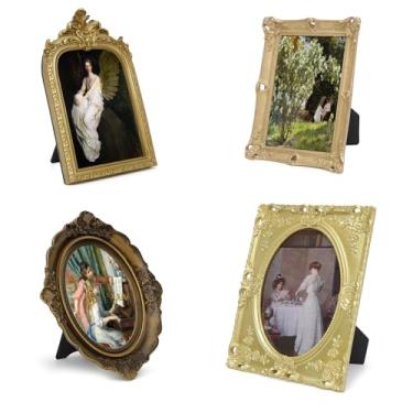 Imagem de YIASSON Conjunto de 4 molduras vintage douradas, molduras ornamentadas de estilo antigo barroco dourado com frente de vidro para exibição de fotos de parede de galeria, decoração de casa