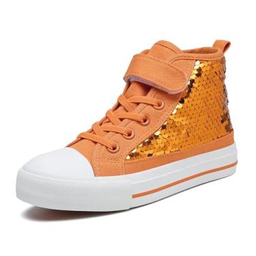 Imagem de Zoroadke Tênis infantil de lona com lantejoulas brilhantes e cano alto com alça ajustável para meninas e meninos, Lantejoulas laranjas, 10 Toddler