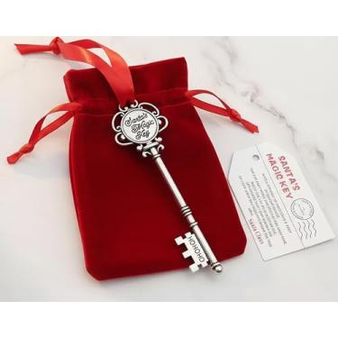 Imagem de Enfeite de chave mágica do Papai Noel – Chave de metal prateada com gravação "Chave Mágica do Papai Noel", fita vermelha, nota de história e bolsa de veludo – Tradição de Natal para crianças sem