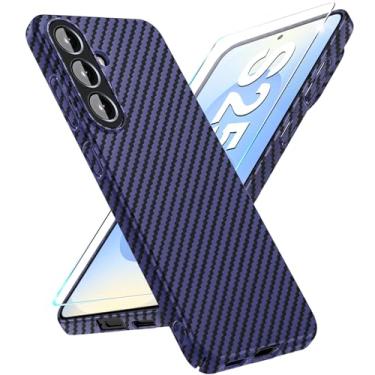 Imagem de Capa de fibra de carbono para Samsung Galaxy S25 com protetor de tela Slim Fit para Samsung S25 capa de telefone resistente durável queda fina híbrida PC capa de proteção rígida 5G (azul)