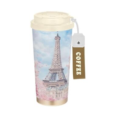 Imagem de SEHANY Caneca de viagem Torre de Paris em aquarela de 500 ml Copos de café reutilizáveis revestidos de cerâmica com tampa à prova de vazamento, parede dupla, isolamento a vácuo, copo de café de aço