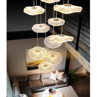 Imagem de Lustre de teto alto com intensidade regulável, moderno, dourado, em formato de folha de lótus, luminária pendente espiral de luxo com LED linear, ideal para hall de entrada, escada, sala de