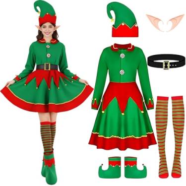 Imagem de Yi-gog Conjunto de fantasia feminina de elfo de Natal festivo para festa de Natal, chapéu, sapatos, acessórios, cosplay, fantasia, fantasia