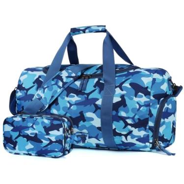 Imagem de Vipdeal Bolsa infantil para viagem, bolsas grandes de fim de semana com bolsa de higiene infantil com compartimento para sapatos de mão, Azul tubarão, Bolsa infantil com conjunto de bolsa de higiene