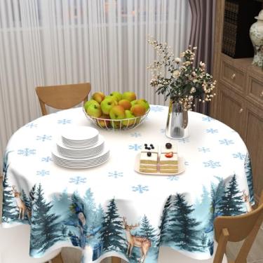 Imagem de ABSOP Toalha de mesa redonda de rena de inverno, 152 cm, padrão de floco de neve, toalha de mesa, branca, círculo, Natal, Natal, Natal, decoração de poliéster lavável, decoração para casa, cozinha