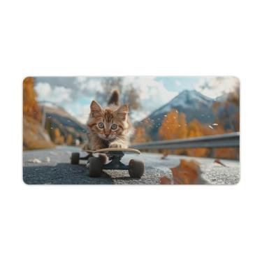 Imagem de FoRes Gato fofo no skate, mouse pads grandes para jogos, base de borracha antiderrapante, tapete de mesa, laptop, acessórios de computador, suprimentos para escritório, casa, 30 x 60 cm, estilo