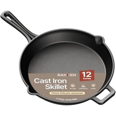 Imagem de Frigideira Bakken de ferro fundido de 48 cm, frigideira pré-temperada com retenção de calor uniforme, versátil para fogão, forno, churrasqueira e fogueira, alças de fácil aderência, lavar apenas à mão