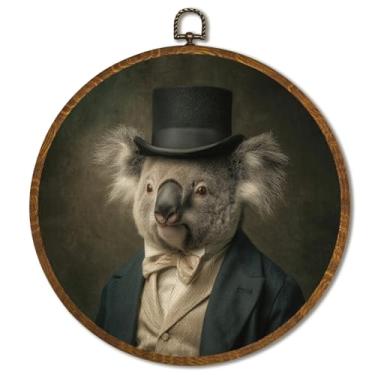 Imagem de Decoração de arte de parede redonda vintage 25 x 25 cm, decoração de impressão em tela emoldurada de urso marrom, retrato vitoriano, decoração de arte animal para casa de fazenda, quarto, sala de