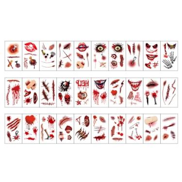 Imagem de 30 folhas de tatuagens temporárias de Halloween, feridas sangrentas falsas, ponto de cicatriz, crosta, corpo e rosto, adesivos de tatuagem à prova d'água para baile de máscaras, adereços de maquiagem