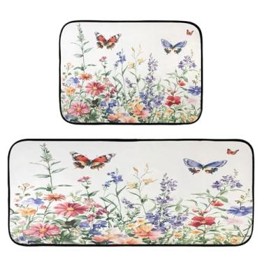 Imagem de Qilmy Tapetes de cozinha de primavera flores silvestres e borboletas 2 peças, tapete de entrada frontal antiderrapante, alivia a fadiga, lavável, tapete para cozinha, quarto, varanda633