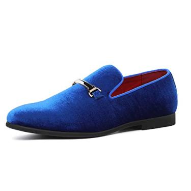 Imagem de Sapato social masculino azul, mocassim de veludo, para formatura, vermelho, sapato de casamento Horsebit Flat Driving Mocassim para homens, Azul, 37