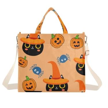 Imagem de Burbuja Sacola feminina preta para gatos usando chapéus de bruxa laranja, bolsa tiracolo de veludo cotelê para compras, trabalho, viagens, Gatos pretos usando chapéus de bruxa laranja, Medium