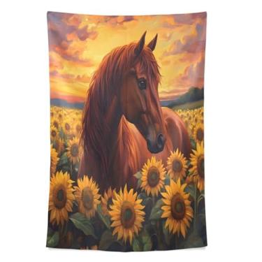 Imagem de STAYTOP Tapeçaria de parede cavalos em girassóis tapeçarias para decoração de casa decoração de dormitório sala de estar quarto tapete de parede (60 × 51 polegadas)