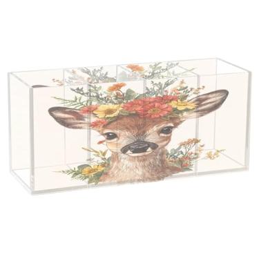 Imagem de Burbuja Porta-canetas de acrílico de cervo com grinalda de flores, 4 compartimentos, suporte de lápis transparente para pincel de maquiagem estacionário, acessórios de mesa de escritório em casa