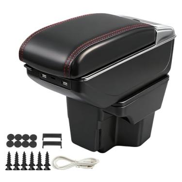 Imagem de Caixa de apoio de braço para Kia Rio 2018-2023 Console central frontal de camada dupla couro preto com carregamento 7 portas USB costura preta
