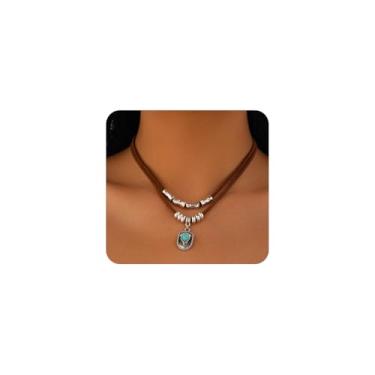 Imagem de Navirix Colar Boho Western para mulheres, pingente de chapéu de contas turquesa corrente de couro cowgirl cowby country, roupas de rodeio de concerto, acessórios de joias, Large, Liga de aço, Sem