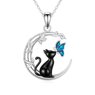 Imagem de Colar de gato preto alcançando a lua, colar de borboleta - pingente de pedra da lua de cristal, corrente de prata - presente, Adjustable, Aço inoxidável, Zircônia cúbica