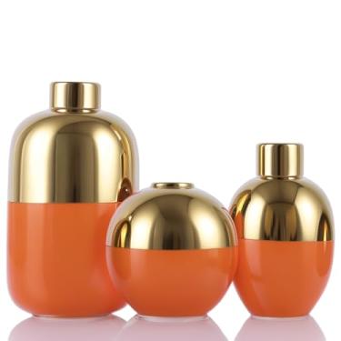 Imagem de Conjunto de 3 vasos de cerâmica, vasos decorativos modernos para decoração de casa, centro de mesa de luxo (laranja dourado)