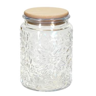 Imagem de 1 pote de vidro vintage estilo crisântemo com tampa hermética de bambu, recipiente de armazenamento de cozinha para açúcar, café, biscoitos, sal de banho - Pote decorativo para despensa e balcão (1