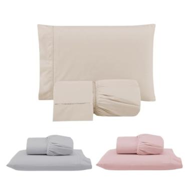 Imagem de Kit 3 Jogos de Lençol com Elástico e Fronhas Bordadas em Ponto Palito, 1 Casal King e 2 Solteiros, Micropercal 300 Fios 100% Poliéster (CKS Versat(Cáqui/Cinza/Rosê))