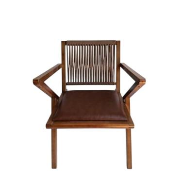 Imagem de Cadeira Gafanhoto assento de couro sintético encosto de corda náutica trançada. Castanho