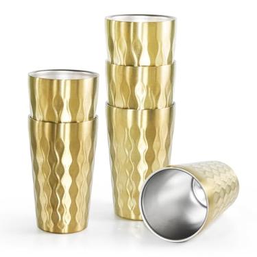 Imagem de Pacote com 6 copos de aço inoxidável de 340 g para crianças, copo térmico de camada dupla, copos de metal, copos de cerveja, acampamento, reutilizável, empilhável para festa ao ar livre (ouro fosco
