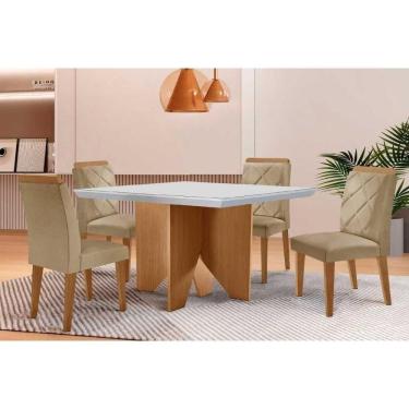 Imagem de Sala Jantar Mesa Nevada Tampo c/ Vidro Curvo 90cm+4 Cadeiras Pietá Madeira Naturale/Off White - Linho Bege - Rufato