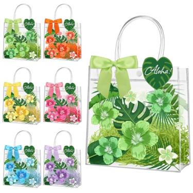 Imagem de Sweetude Conjunto de 24 sacolas de presente havaianas transparentes com alça 20 x 20 x 7 cm, lindas sacolas plásticas reutilizáveis com laços de fita para casamento, aniversário, chá de bebê