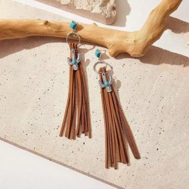 Imagem de Brincos femininos de faroeste, cowgirl, boho, cacto, turquesa, pingente de gota, borla longa, retrô, vintage, joia de presente