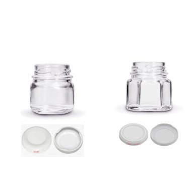 Imagem de 50x Combo Pote de Vidro Redondo e Sextavado 40ml com Tampas - Branca