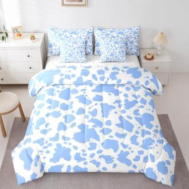 Imagem de Feelyou Conjunto de edredom solteiro com estampa de vaca, azul, branco, 7 peças, para meninos, meninas, adolescentes, conjunto de cama de vaca leiteira, respirável, casa de fazenda