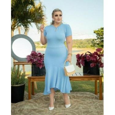 Imagem de Vestido Midi Botão Na Gola Moda Evangélica Feminina - Miss Flower, Azu