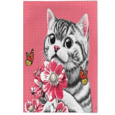 Imagem de Cute Cat Flowers Pink Jigsaw Puzzles 1000 Pieces for Adults Animal Painting Decor Fun Family Puzzles Family White Elephant Gifts, 1000 Pieces, 29.5" x 19.7"