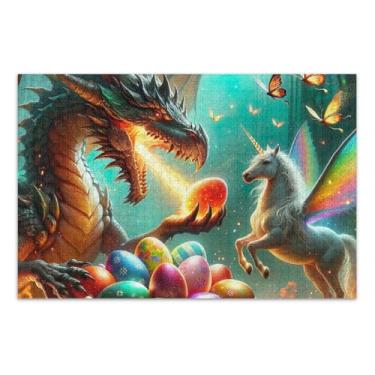 Imagem de Quebra-cabeça de ovos de Páscoa de unicórnio de dragão 500 peças para adultos, jogos de quebra-cabeça para adultos com letras nas costas