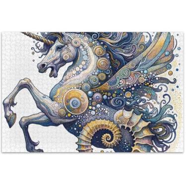 Imagem de Quebra-cabeça de unicórnio de cavalo marinho fofo 500 peças para adultos arte floral de animais divertidos para adultos presentes engraçados de jogo de quebra-cabeça, 50 x 35 centímetros