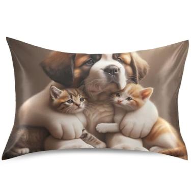 Imagem de Capa de almofada de cetim para cães fofos, gatos, animais de estimação, capa de travesseiro padrão Queen King para cabelo e pele, tamanho Queen, 76 cm x 50 cm