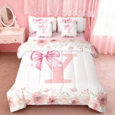 Imagem de Erosebridal Jogo de cama com letra Y rosa com letra Y para decoração de quarto de mulher jovem, kawaii, laço e laço com lençóis, flor completa, floral, sonhadora, estilo princesa, decoração de quarto
