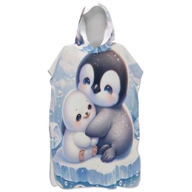 Imagem de Joisal Roupão para adultos, poncho de surfe, toalha de banho com capuz, reutilizável, masculino, poncho com capuz, selo de pinguim fofo