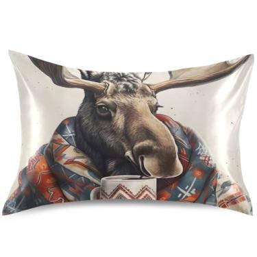 Imagem de Capa de almofada de cetim com estampa de alce aconchegante para cabelo, capas de travesseiro de luxo King Queen, capa de travesseiro padrão, tamanho Queen, 76 cm x 50 cm