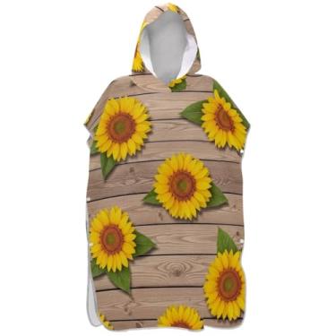 Imagem de Joisal Roupão de mudança para adultos, poncho de surfe, toalhas de banho com capuz, plus size, ponchos de praia para homens, girassóis amarelos, tábua de madeira rústica