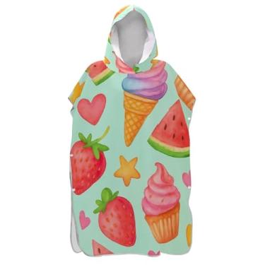 Imagem de Poncho de surfe para adultos trocador de roupão com capuz toalha de banho de secagem rápida poncho masculino com capuz bonito desenho animado morango melancia