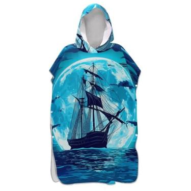 Imagem de Poncho de surfe para adultos trocador de roupa de banho com capuz bonito poncho masculino vestível com capuz navio oceano noite azul