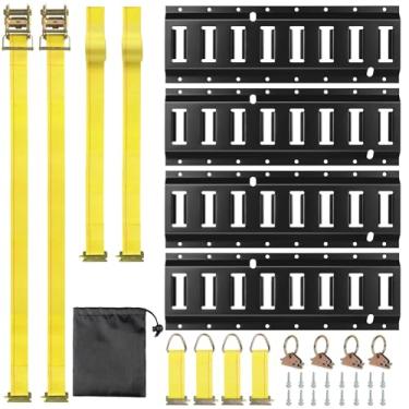Imagem de Kit de amarração de trilho E, 4 trilhos (trilhos de 40.6 cm), 2 correias de catraca, 4 amarrações de corda, 4 parafusos de âncoras de anel O bolsa de armazenamento para reboques, sistemas de carga
