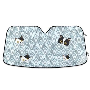 Imagem de Persiana de sol personalizada com cara de gato preto e branco ondulado azul para para-brisas de carro bonito universal dobrável para-brisa automotivo guarda-sol animal floral M, 139,7 cm x 70,1 cm