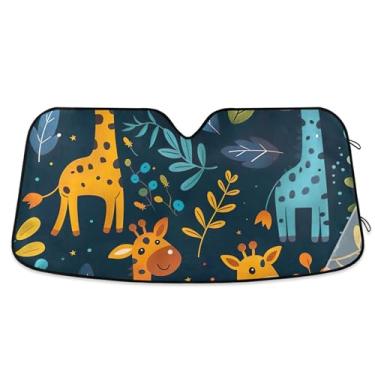 Imagem de Toldo de sol bonito de girafas de desenho animado para para-brisa de carro engraçado personalizado dobrável óculos de sol para janelas dianteiras floral automotivo L, 144,8 cm x 80 cm