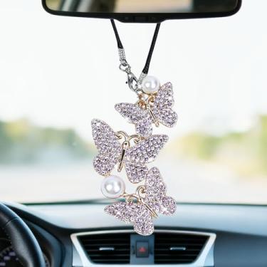 Imagem de Hbxdeco Acessórios femininos para pendurar no carro com diamante de borboleta brilhante, enfeite de pendurar espelho retrovisor de borboleta, pingentes de carro da sorte de strass de cristal, presente